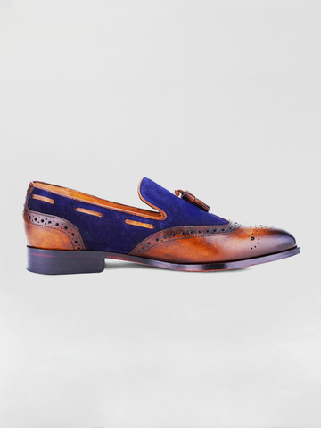 Declan Wingtip Tassel Loafer - Tan/Blue with Patina loafer shoes